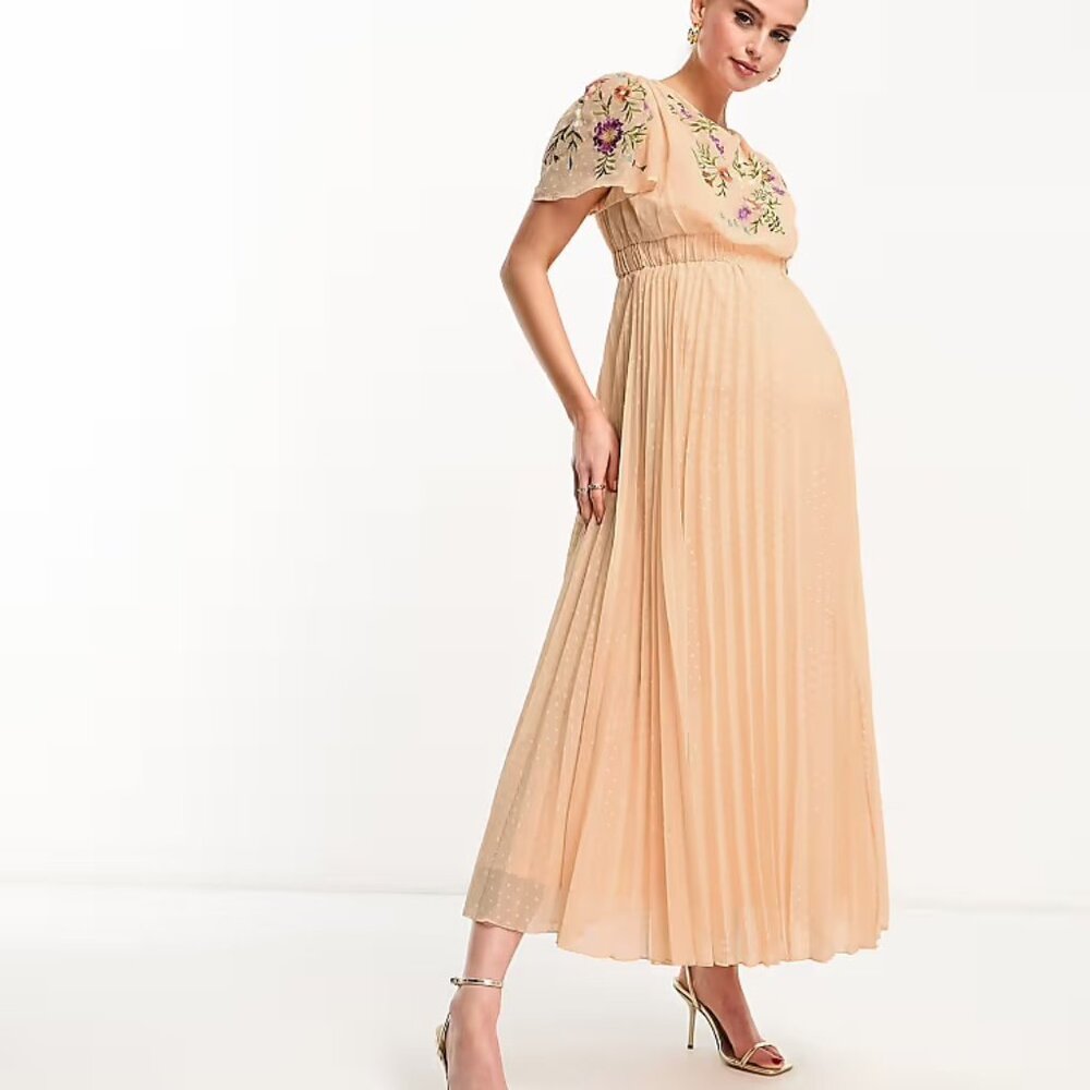 ASOS DESIGN Maternity Coral Embroidered Pleated Maxi Dress 16